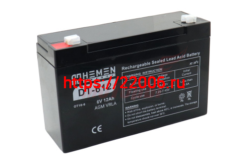 Аккумулятор герметичный 6В12Aч HEMEN ENERGY DT612 (OT12-6)(151x50x94mm)(электромашинки)