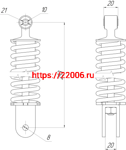 Амортизатор зад. L-253, D1-21, d1-10, H1-21, d2-8, H2-21 YAMAHA JOG-50 фото 2