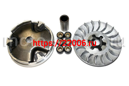 Вариатор Yamaha JOG-50 в сборе (ролики, шайба, наружный шкив, палец) Вариатор Yamaha JOG-50 в сборе (ролики, шайба, наружный шкив, палец)