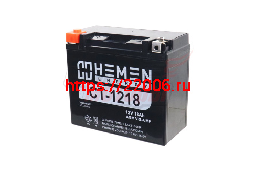 Аккумулятор 12В18Ач HEMEN ENERGY CT1218 (YTX20-BS) (кислотн, герметичный) (прям. пол) (175*86*154мм) Аккумулятор 12В18Ач HEMEN ENERGY CT1218 (YTX20-BS) (кислотн, герметичный) (прям. пол) (175*86*154мм)