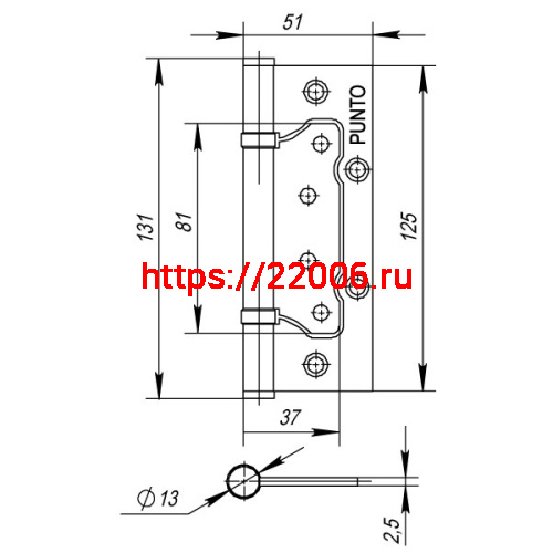 Петля Punto (Пунто) универсальная без врезки IN5200W-HD AC (200-2B/HD 125x2,5) медь фото 3