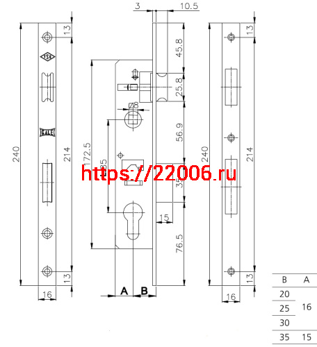Корпус Kale kilit (Кале килит) узкопрофильного замка с защёлкой 153/P (25 mm) w/b (хром) фото 3
