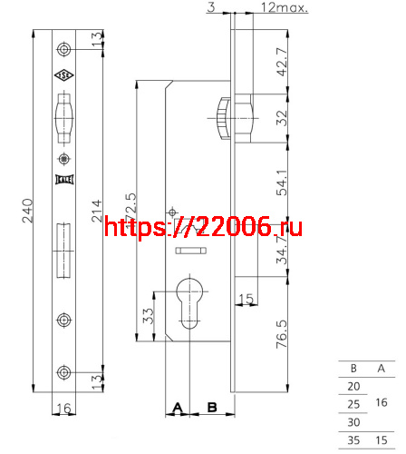 Корпус Kale kilit (Кале килит) узкопрофильного замка с роликовой защёлкой 155/P (25 mm) w/b (хром) (без отв. планки) фото 3