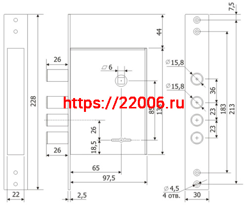 Замок Guardian (Гардиан) врезной сувальдный с задвижкой ЗВ 30.04, 4 кл. (длинный кл. 59 мм) /123:185:2/ фото 2