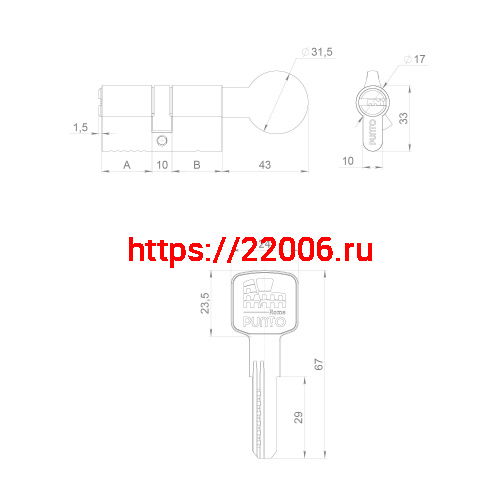 Цилиндровый Punto (Пунто) механизм Z3002Knob80(40+10+30) с вертушкой CP хром фото 3